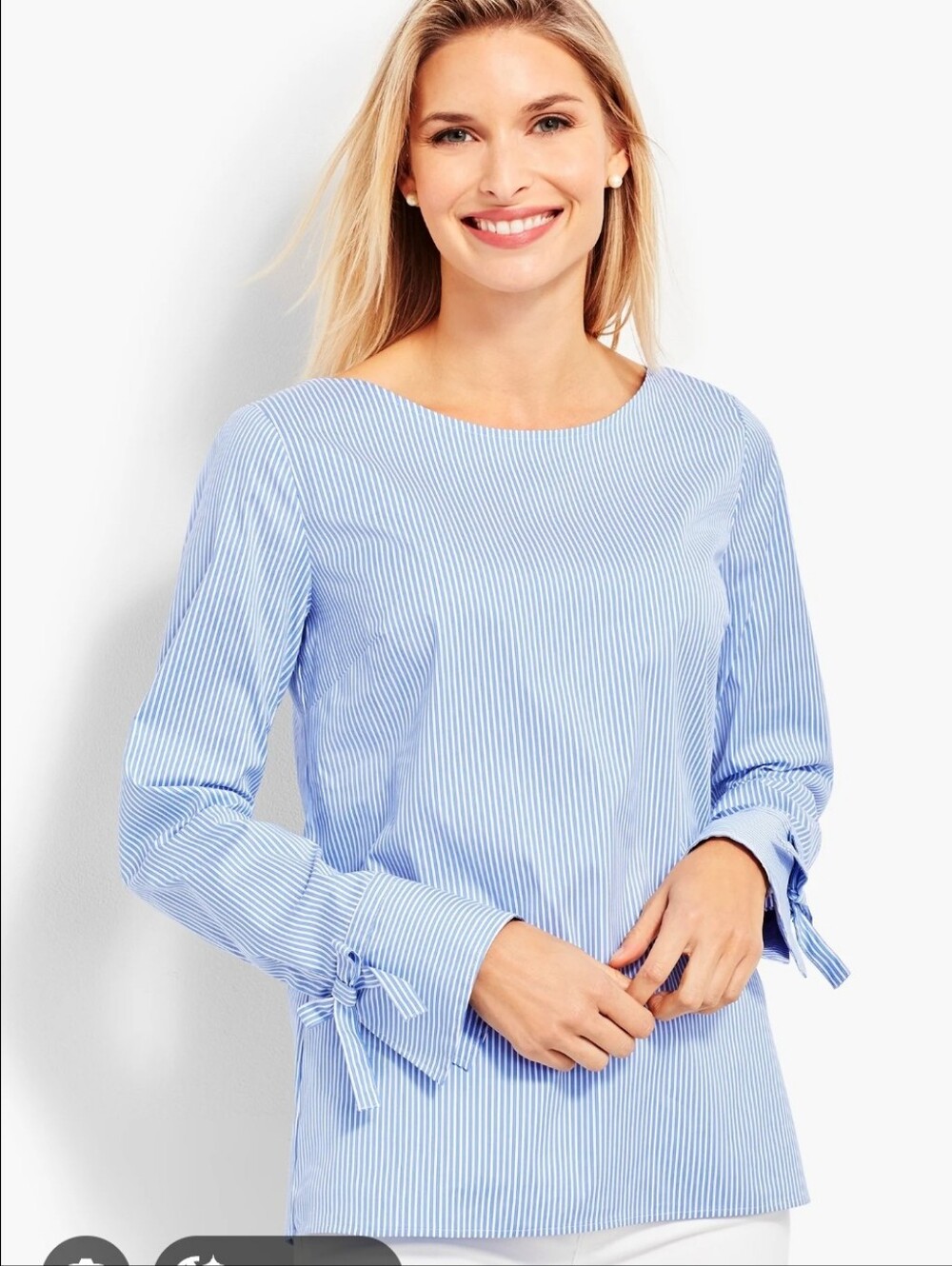 Talbots Tie-sleeve Poplin Popover Striped Full Button Back Long Sleeve Blouse LP